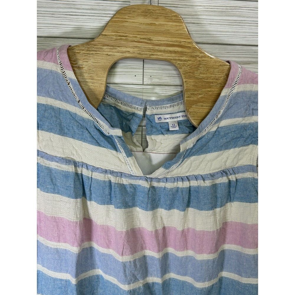 Southern Tide Women's Cora Sleeveless Shift Dress Linen Blend Pink/Blue Sz 12